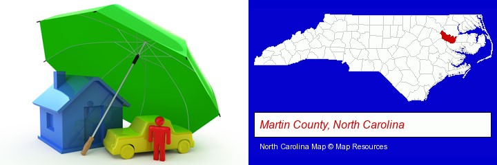 types of insurance; Martin County, North Carolina highlighted in red on a map