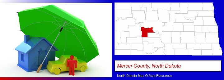 types of insurance; Mercer County, North Dakota highlighted in red on a map