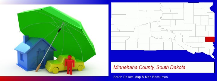 types of insurance; Minnehaha County, South Dakota highlighted in red on a map