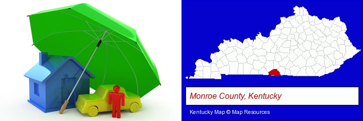 types of insurance; Monroe County, Kentucky highlighted in red on a map