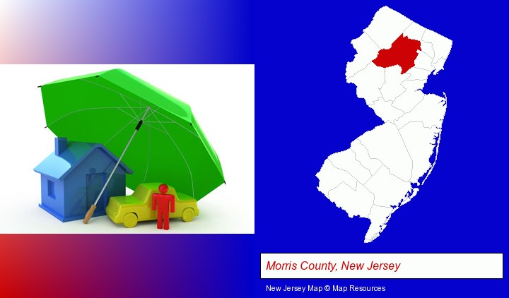 types of insurance; Morris County, New Jersey highlighted in red on a map