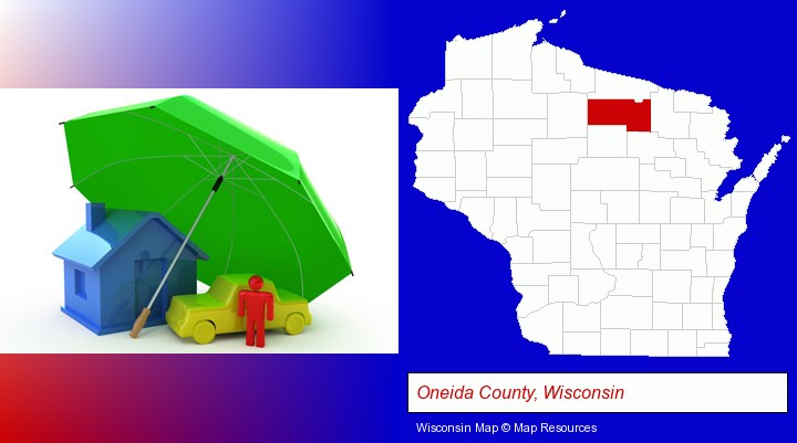 types of insurance; Oneida County, Wisconsin highlighted in red on a map