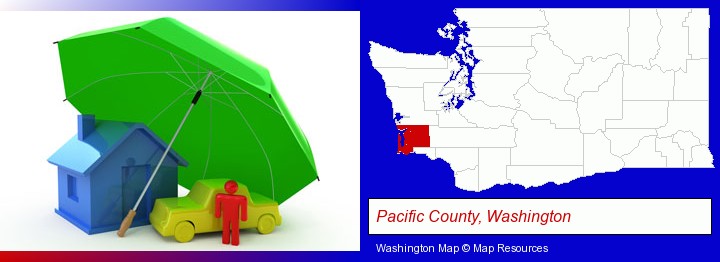 types of insurance; Pacific County, Washington highlighted in red on a map