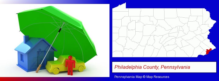 types of insurance; Philadelphia County, Pennsylvania highlighted in red on a map