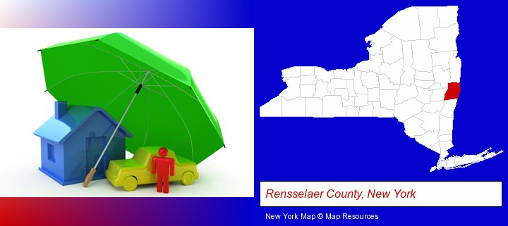 types of insurance; Rensselaer County, New York highlighted in red on a map