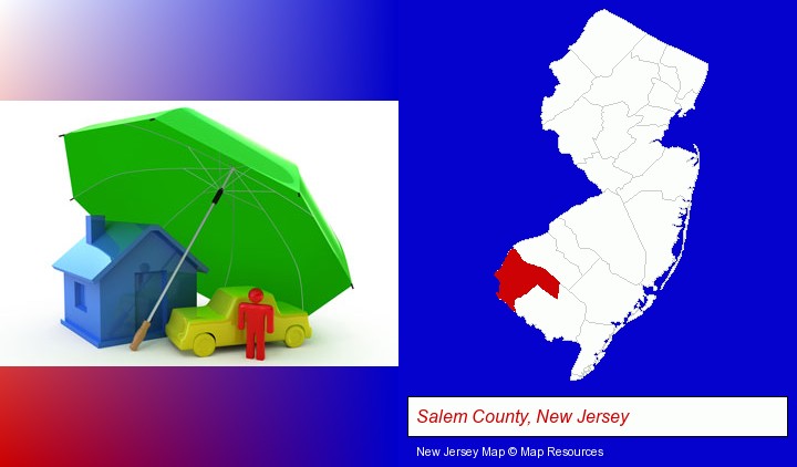 types of insurance; Salem County, New Jersey highlighted in red on a map