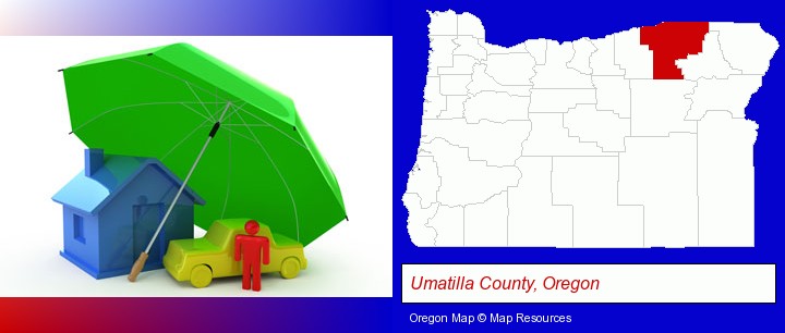 types of insurance; Umatilla County, Oregon highlighted in red on a map