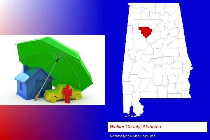 types of insurance; Walker County, Alabama highlighted in red on a map