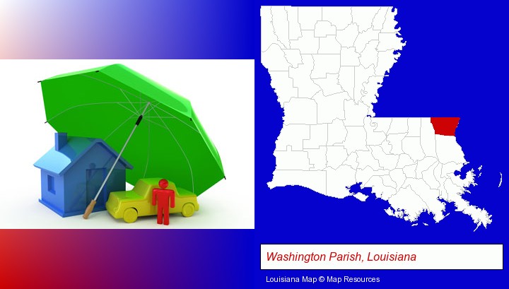 types of insurance; Washington Parish, Louisiana highlighted in red on a map