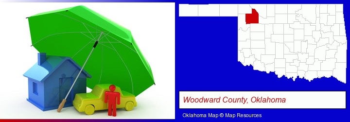 types of insurance; Woodward County, Oklahoma highlighted in red on a map